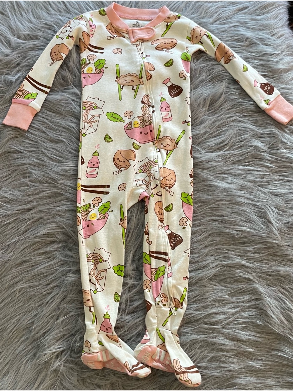🐝Honest Pink Ramen Print Footed One-Piece Pajamas for Kids